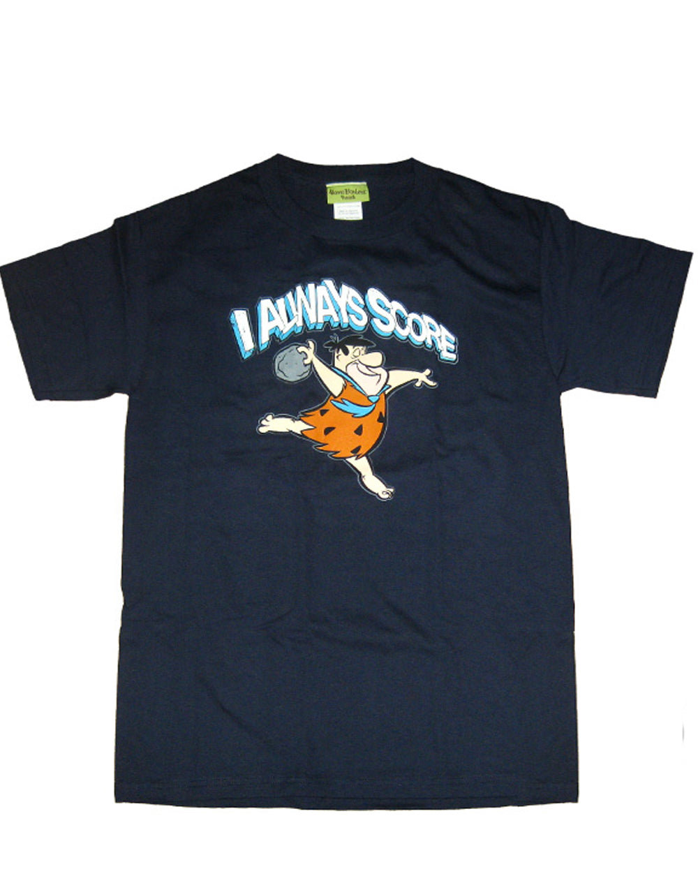 Flintstones always score graphic on a navy blue adult t-shirt.