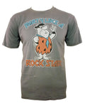 Flintstones Fred rock star graphic on a dark grey adult t-shirt.
