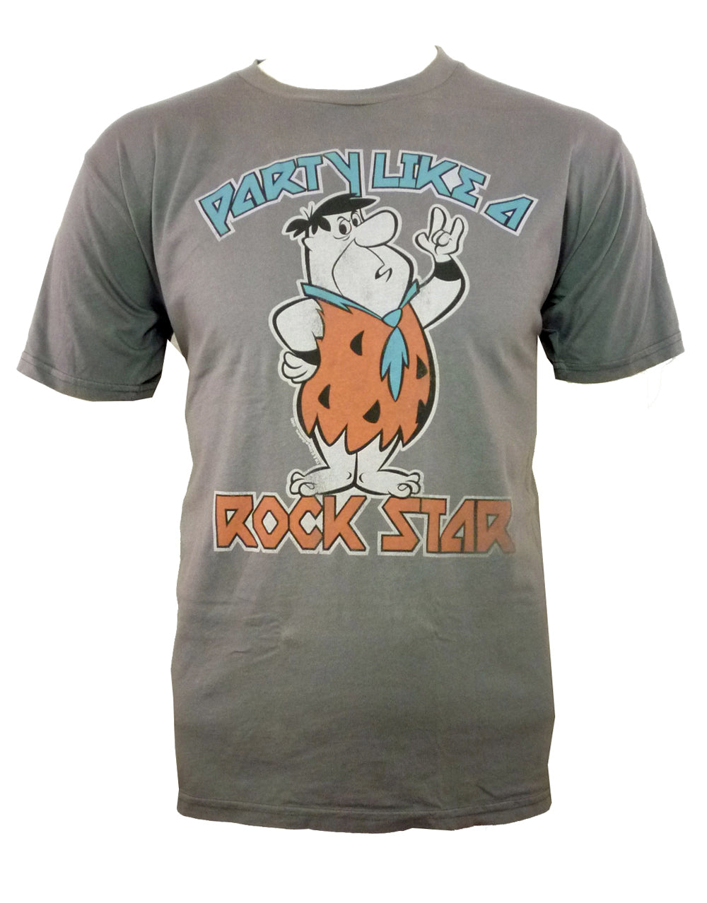 Flintstones Fred rock star graphic on a dark grey adult t-shirt.