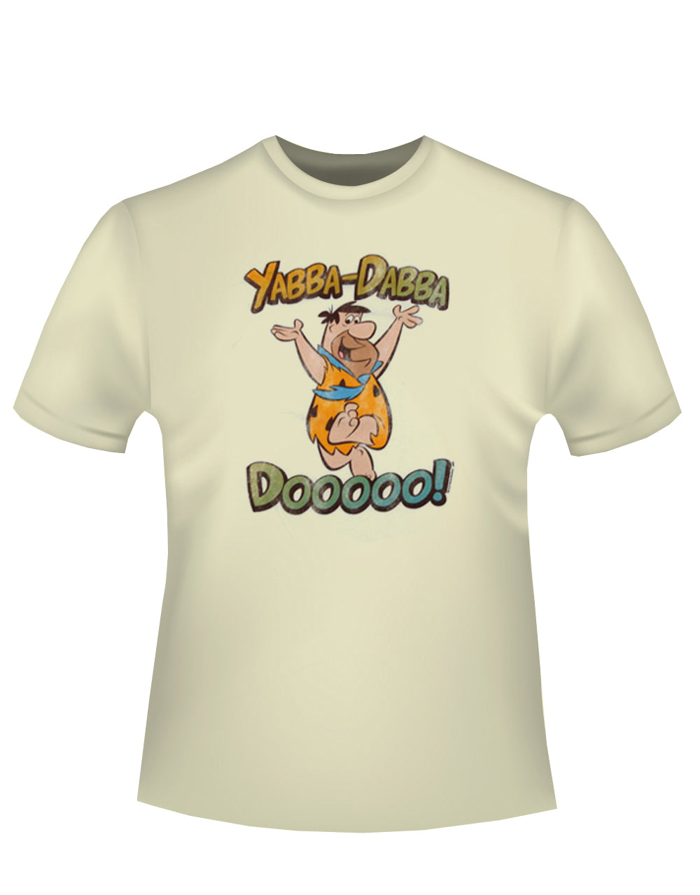 Flintstones Fred yabba dabba doo graphic on a cream adult t-shirt.