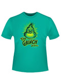 Dr Seuss the Grinch face graphic on a green adult t-shirt.