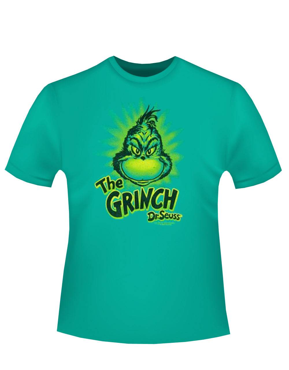 Dr Seuss the Grinch face graphic on a green adult t-shirt.