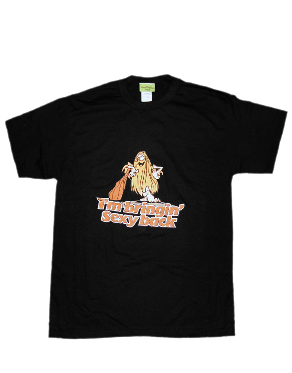 Captain Caveman sexy graphic on a black adult t-shirt.