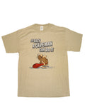 Captain Caveman so easy graphic on a beige adult t-shirt.