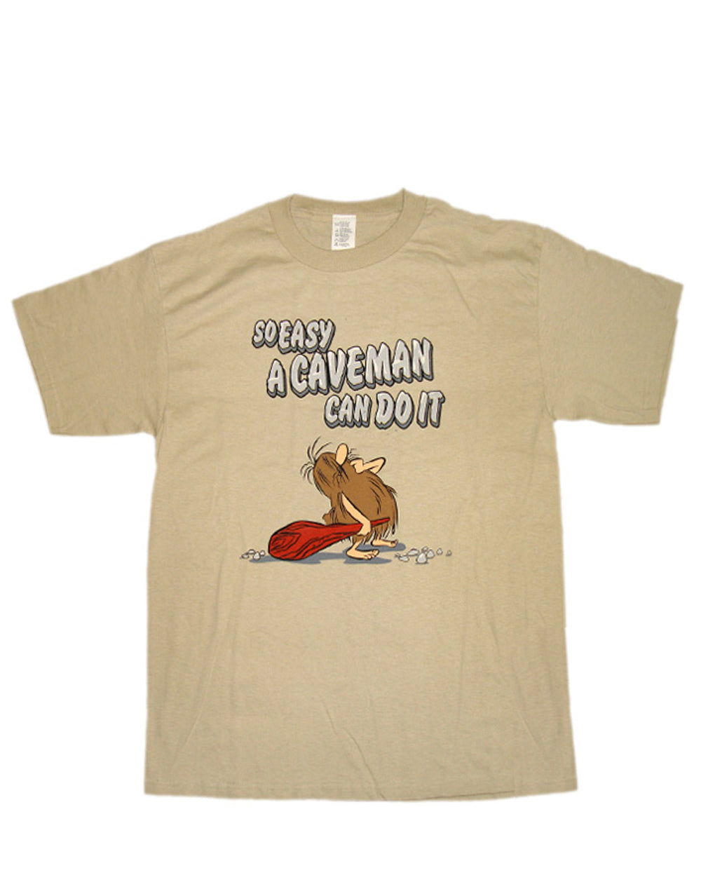 Captain Caveman so easy graphic on a beige adult t-shirt.