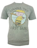 Peanuts Charlie Brown first base graphic on a grey adult t-shirt.