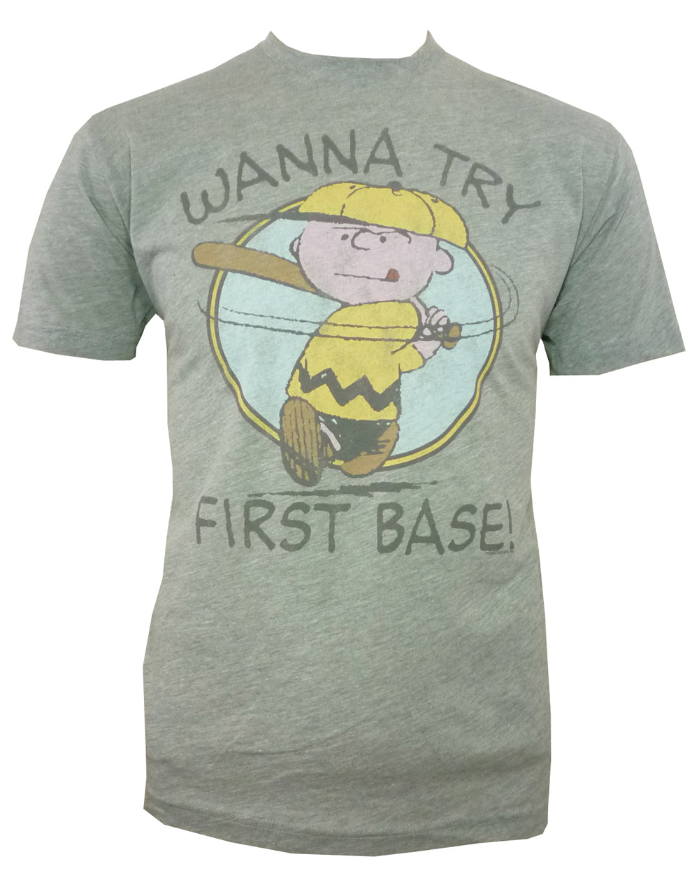 Peanuts Charlie Brown first base graphic on a grey adult t-shirt.