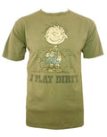 Peanuts Charlie Brown I play dirty graphic on an olive green adult t-shirt.