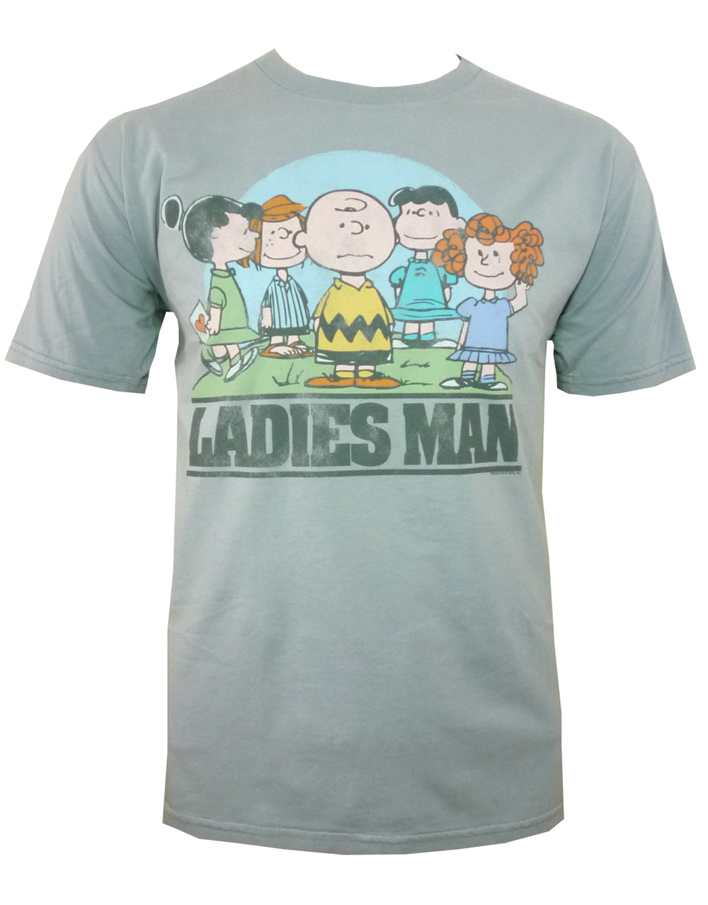 Peanuts Charlie Brown ladies man graphic on a grey adult t-shirt.