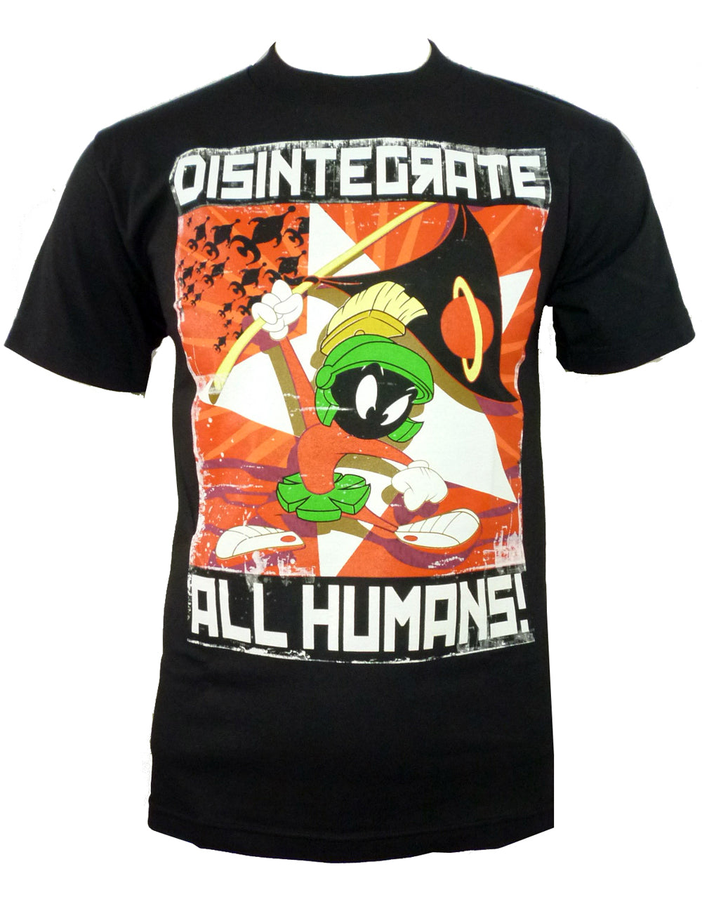 Looney Tunes Marvin the Martian disintegrate all humans graphic on a black adult t-shirt.