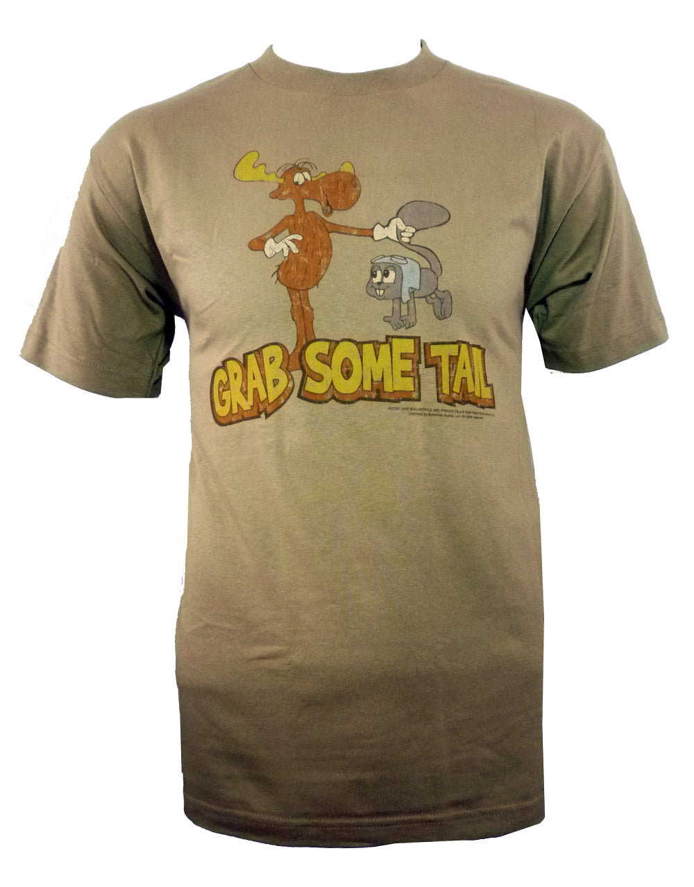 Rocky and Bullwinkle grab some tail graphic on a brown adult t-shirt.