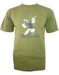 Popeye strong to the finish graphic on an olive green adult t-shirt.
