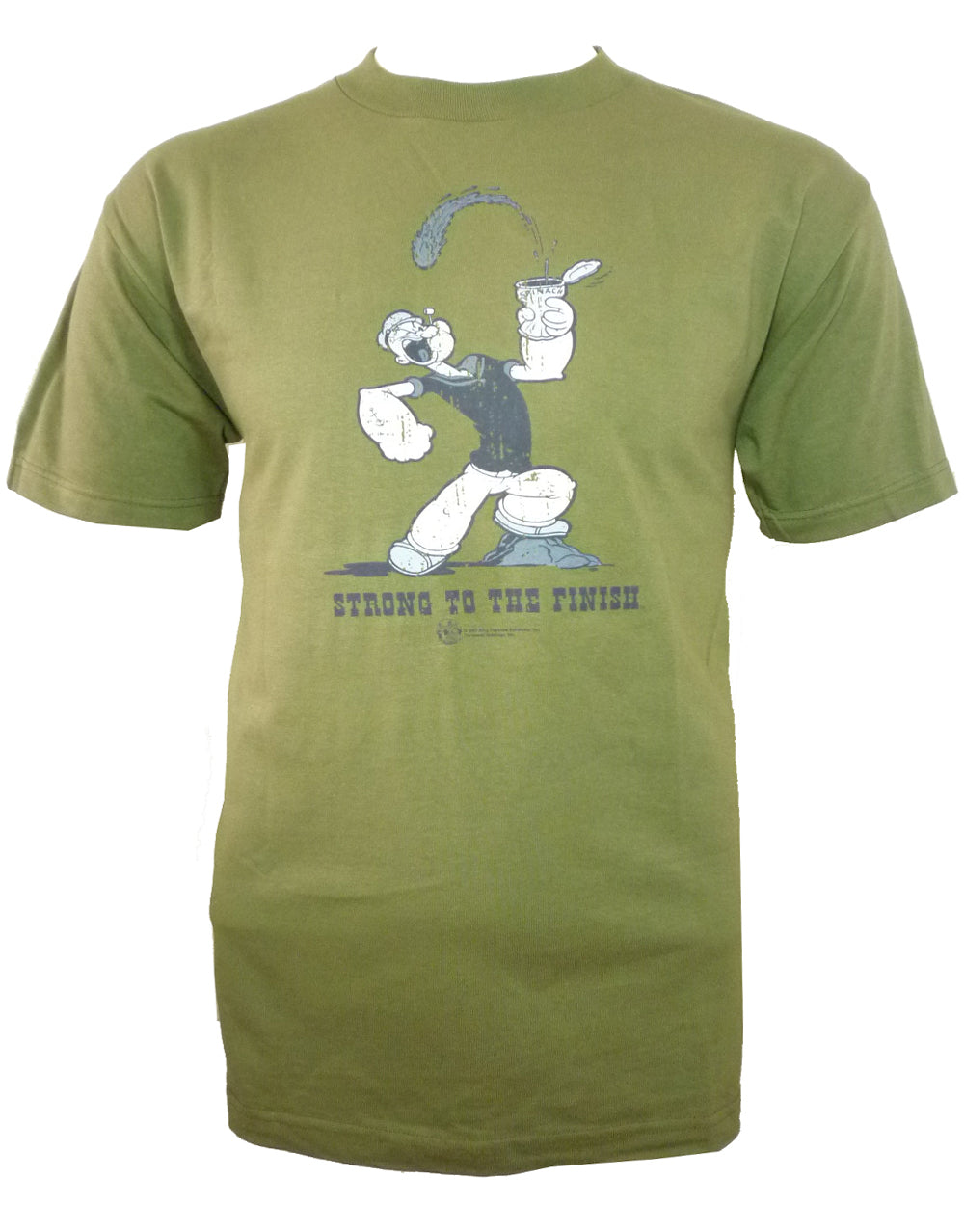 Popeye strong to the finish graphic on an olive green adult t-shirt.