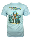 Transformers Rodimus poster graphic on a light blue adult t-shirt.