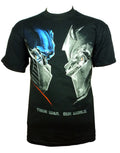 Transformers face off movie graphic on a black adult t-shirt.