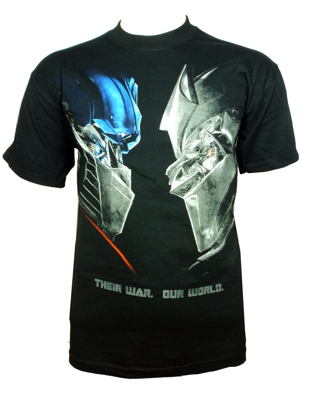 Transformers face off movie graphic on a black adult t-shirt.