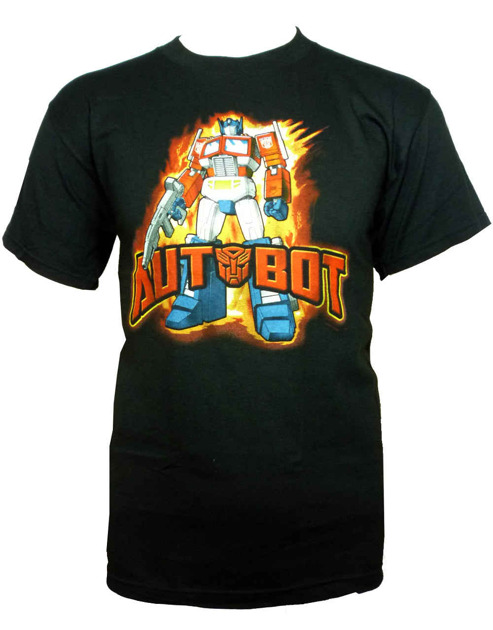 Transformers Optimus Prime fire graphic on a black adult t-shirt.