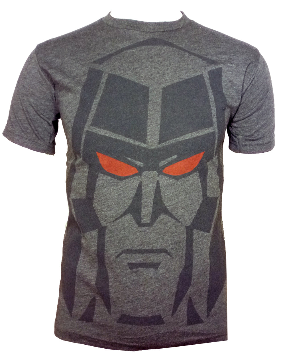 Transformers Megatron face graphic on a grey adult t-shirt.
