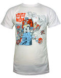 Transformers Optimus Prime collage graphic on a white adult t-shirt.