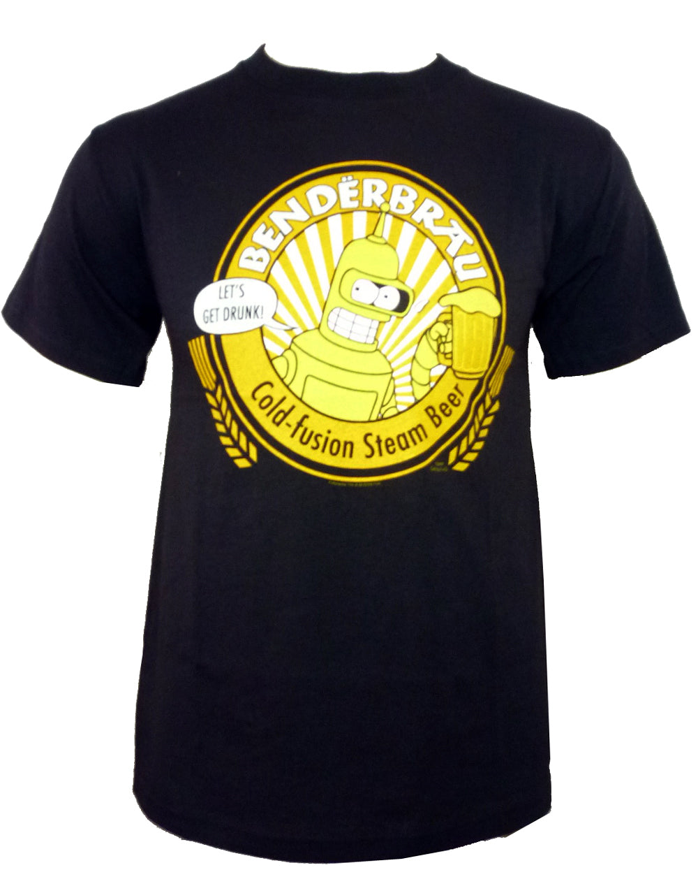Futurama Bender cold fusion steam beer graphic on a black adult t-shirt.