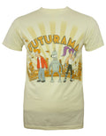 Futurama group city graphic on a cream adult t-shirt.
