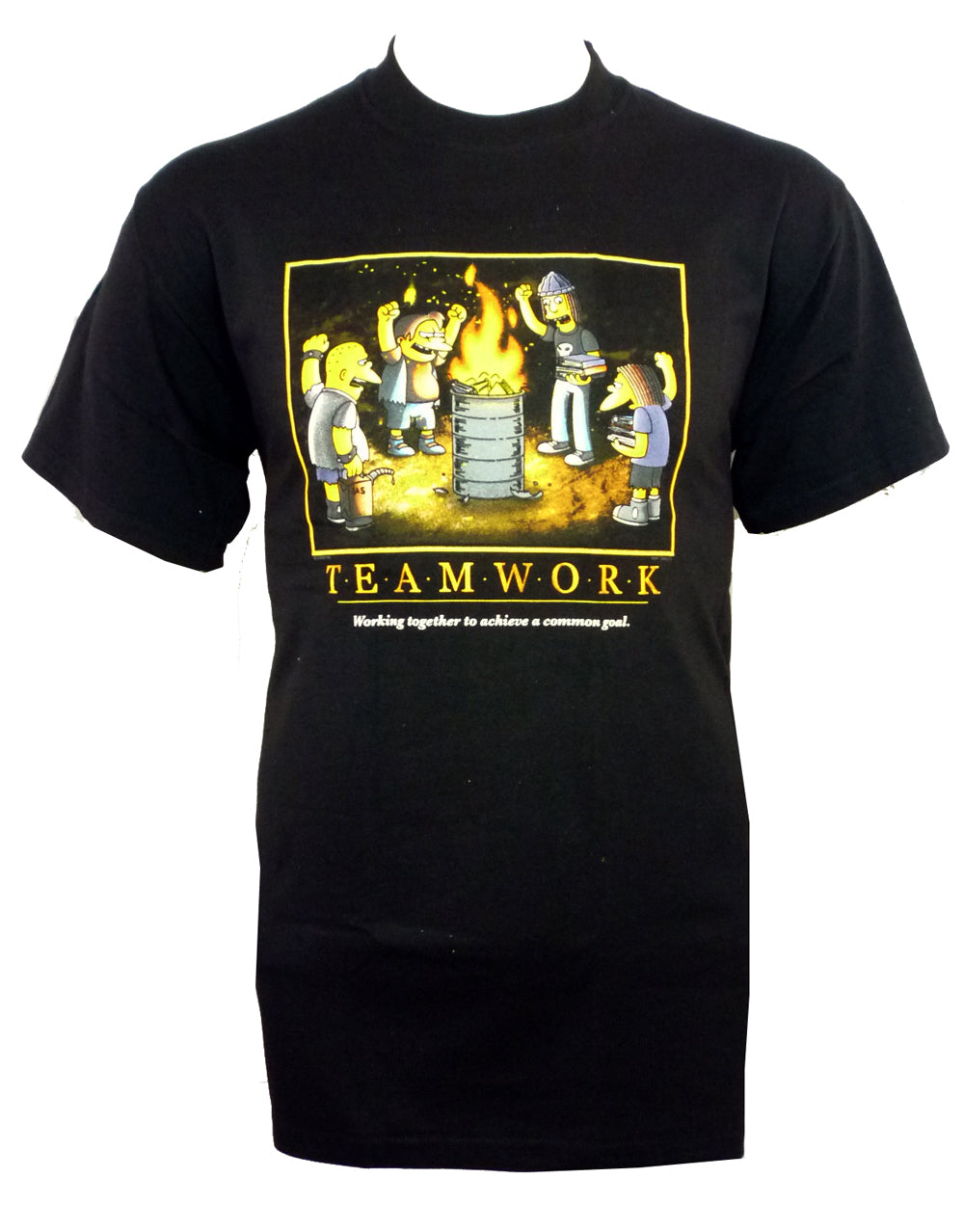 The Simpsons teamwork graphic on a black adult t-shirt.