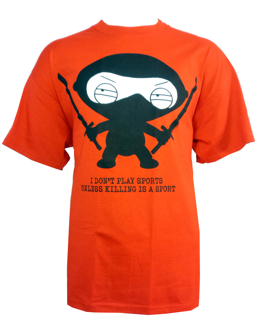 Family Guy Stewie killing sport graphic on a red adult t-shirt.