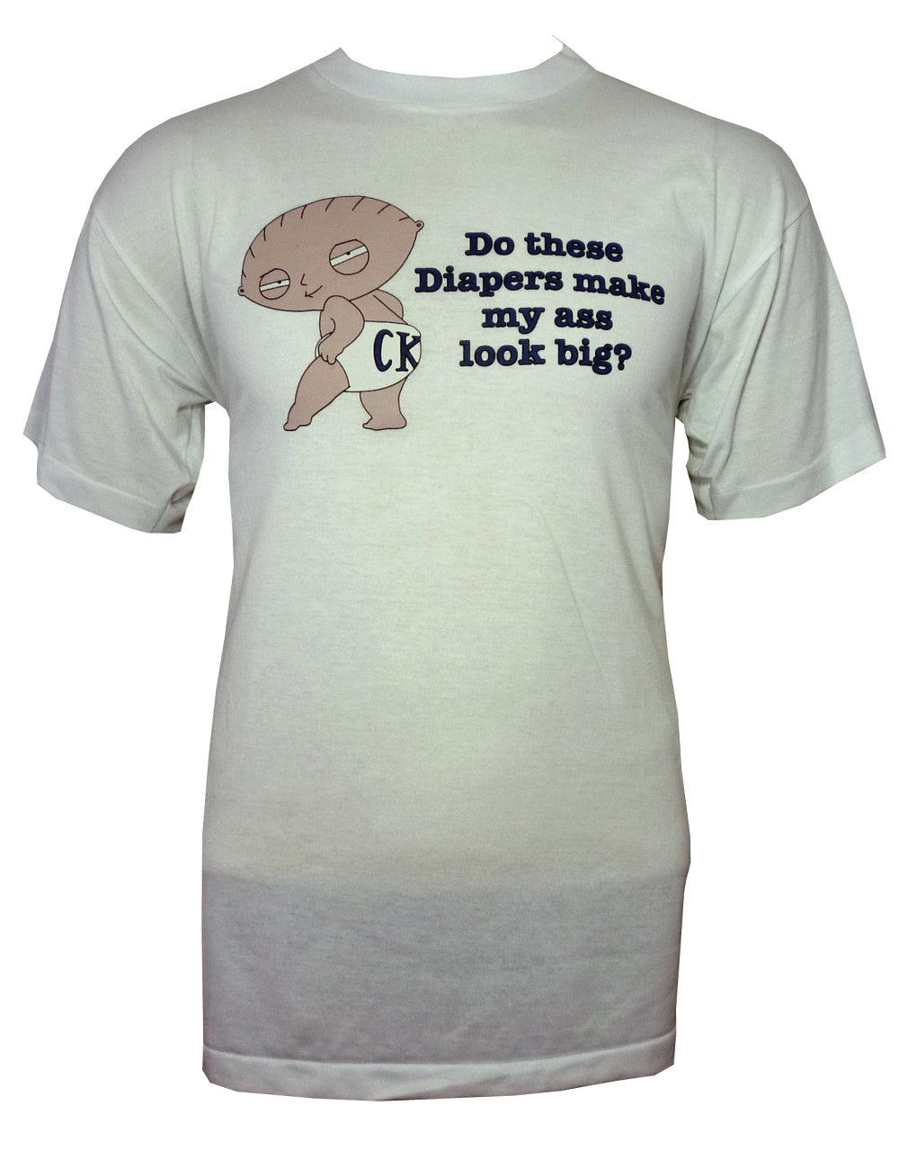 Family Guy Stewie diaper graphic on a white adult t-shirt.