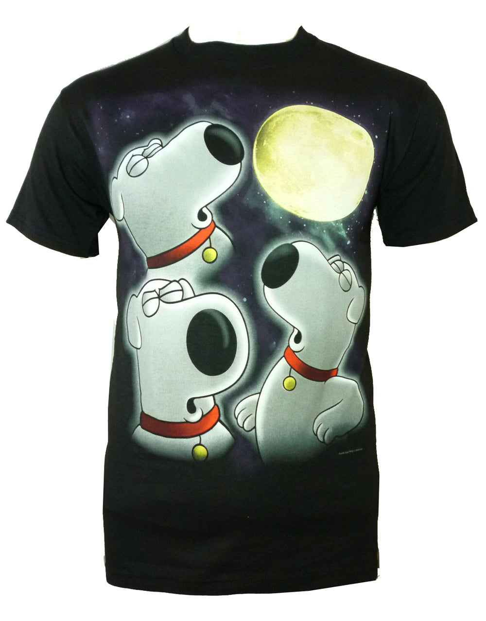 Family Guy Brian howl graphic on a black adult t-shirt.
