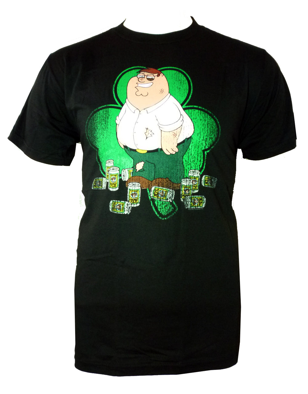 Family Guy Peter shamrock graphic on a black adult t-shirt.