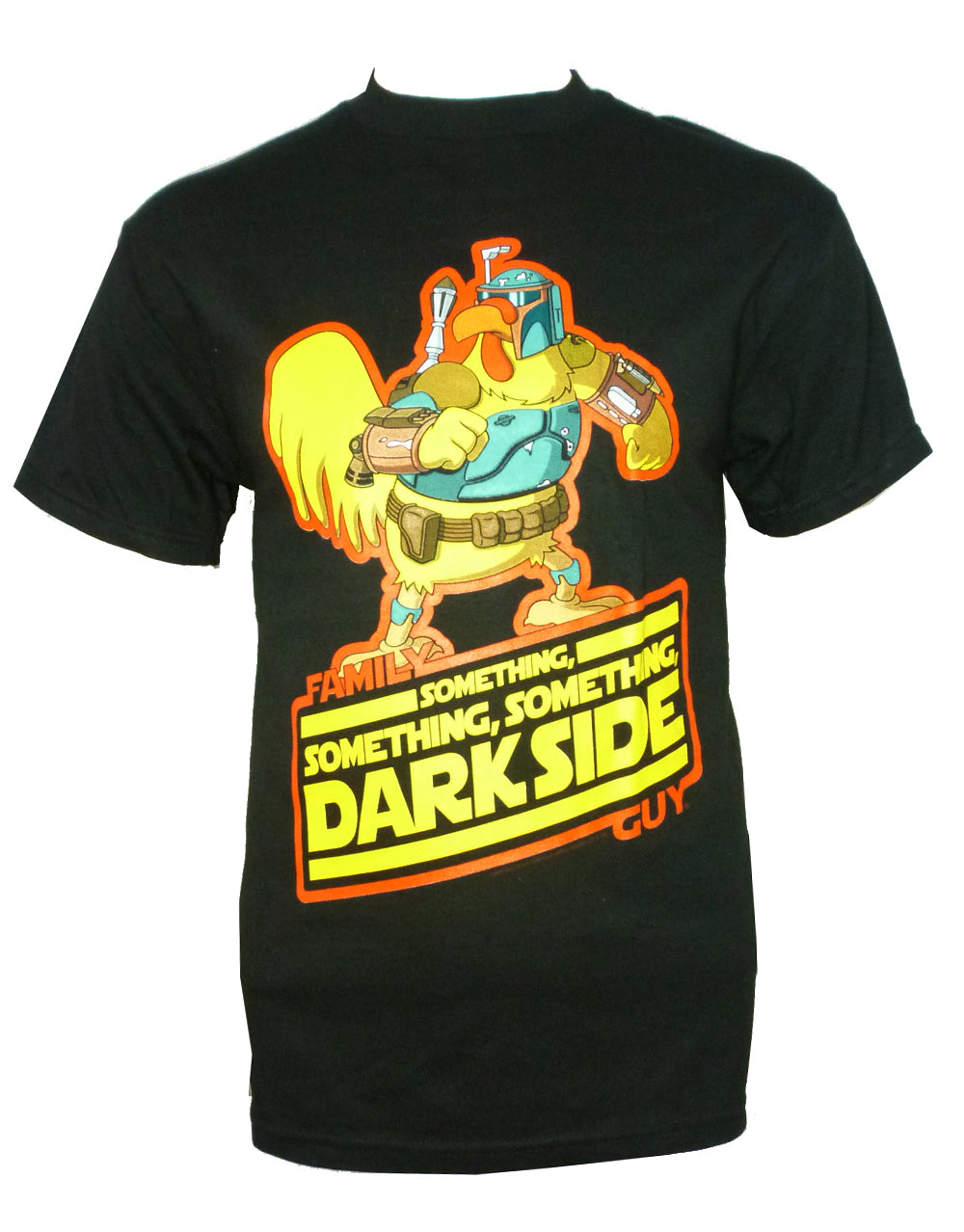 Family Guy chicken fett graphic on a black adult t-shirt.