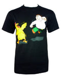 Family Guy chicken fight graphic on a black adult t-shirt.