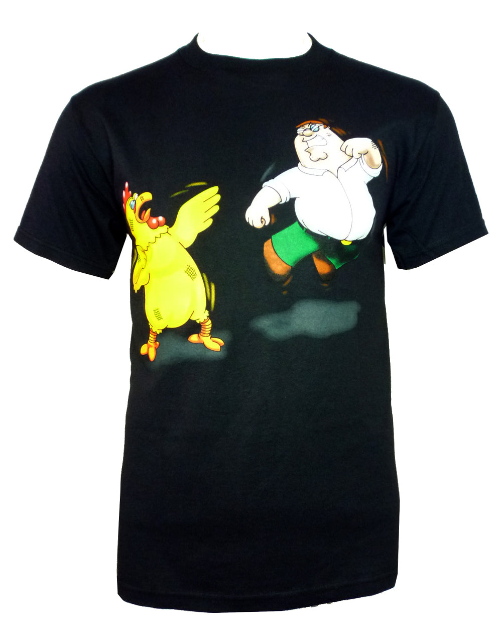 Family Guy chicken fight graphic on a black adult t-shirt.