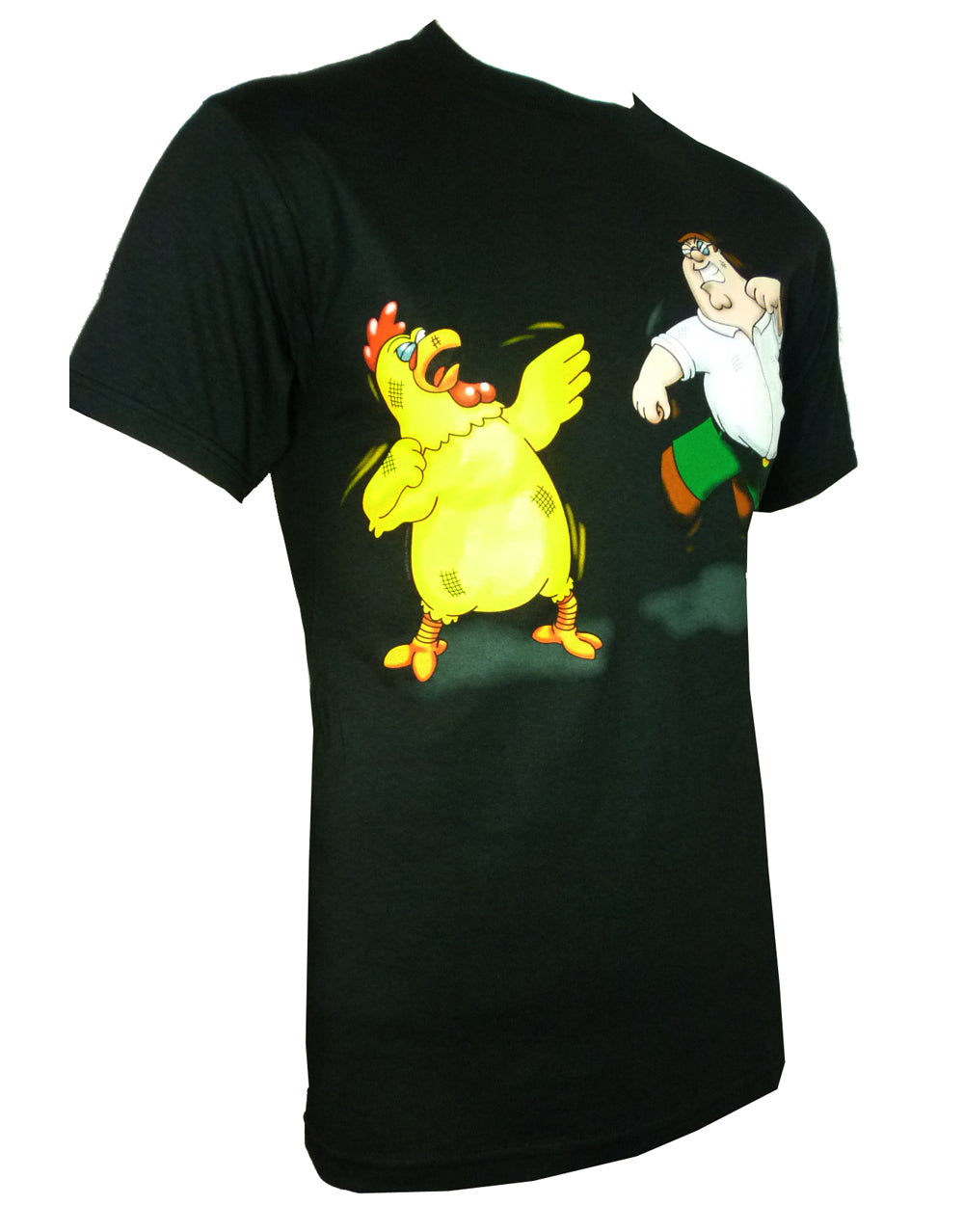 Family Guy chicken fight graphic on a black adult t-shirt.