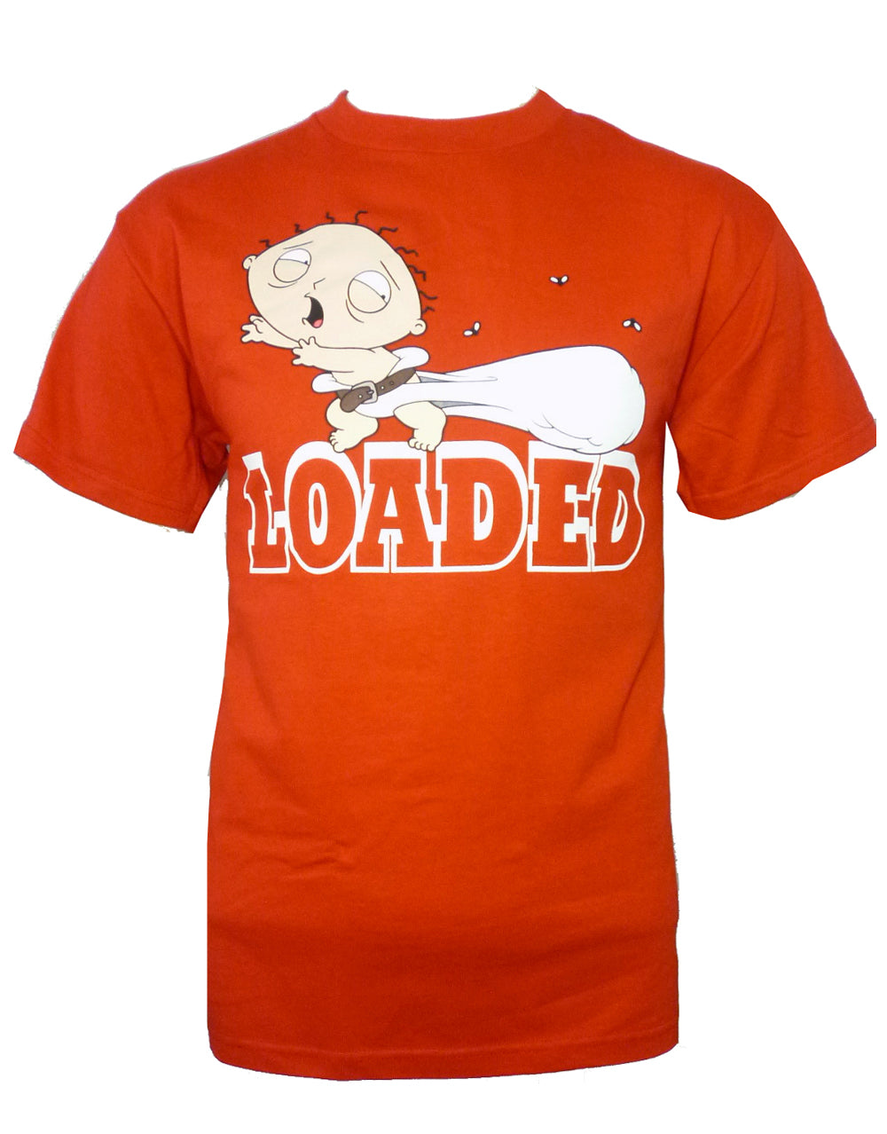 Family Guy Stewie loaded graphic on a red adult t-shirt.