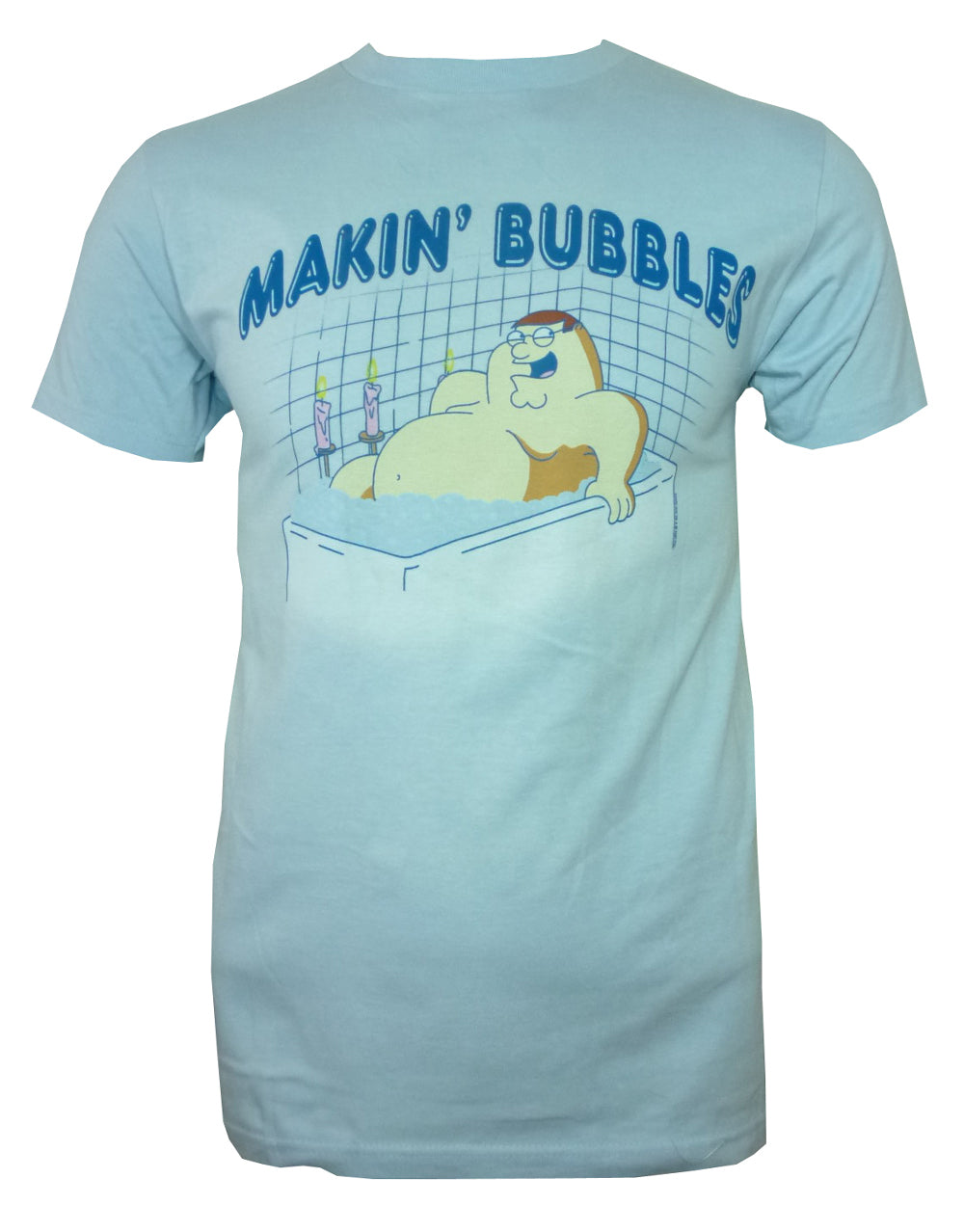Family Guy Peter bubbles graphic on a light blue adult t-shirt.