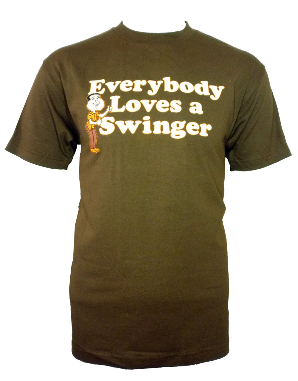 Family Guy Quagmire swinger graphic on a brown adult t-shirt.