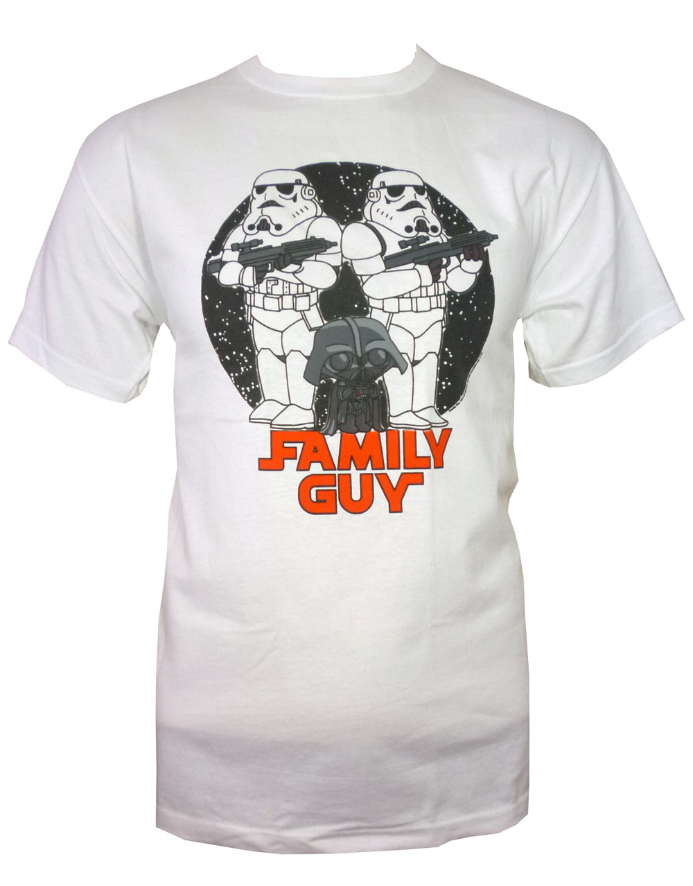 Family Guy blue harvest troopers graphic on a white adult t-shirt.