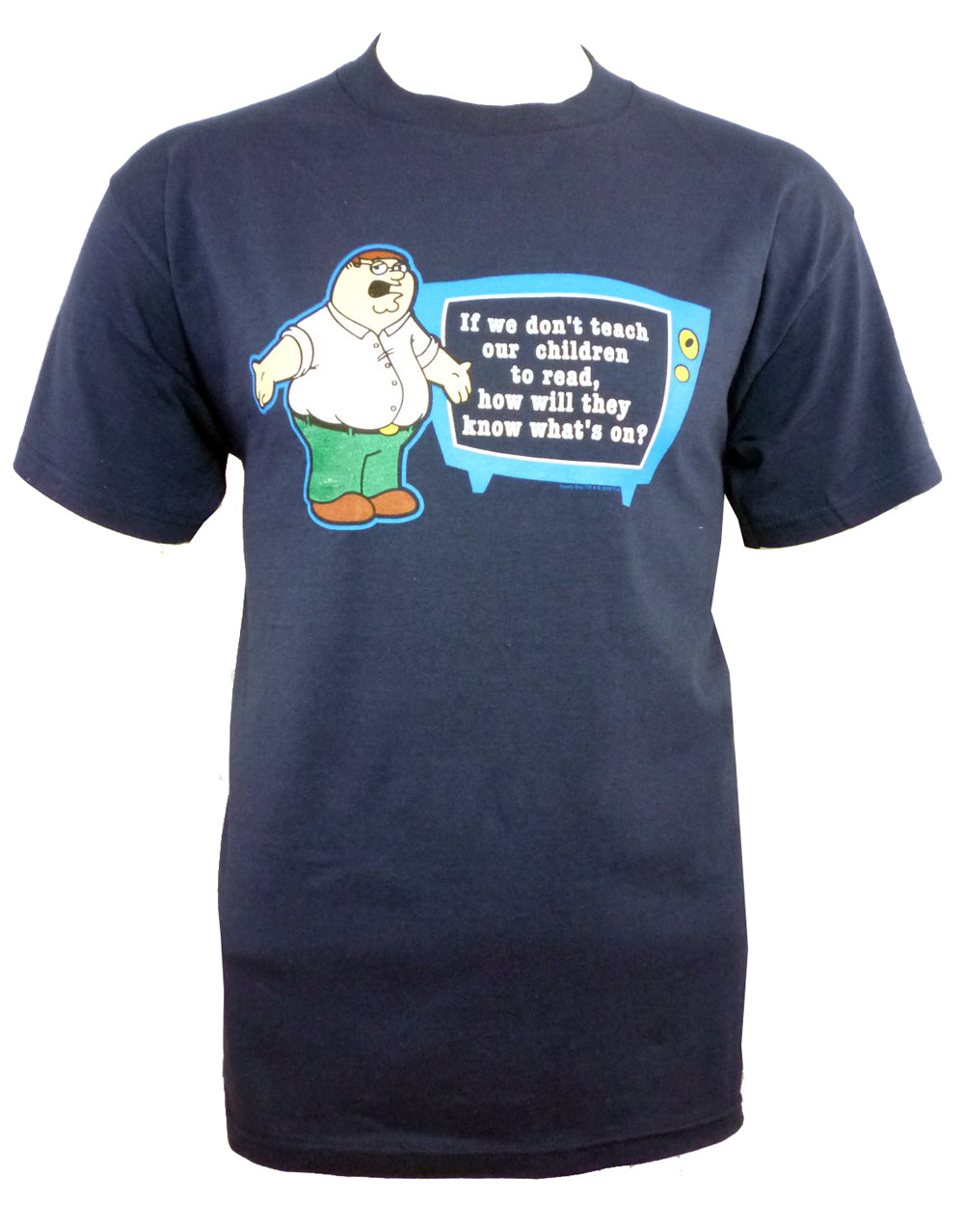 Family Guy Peter television graphic on a navy blue adult t-shirt.