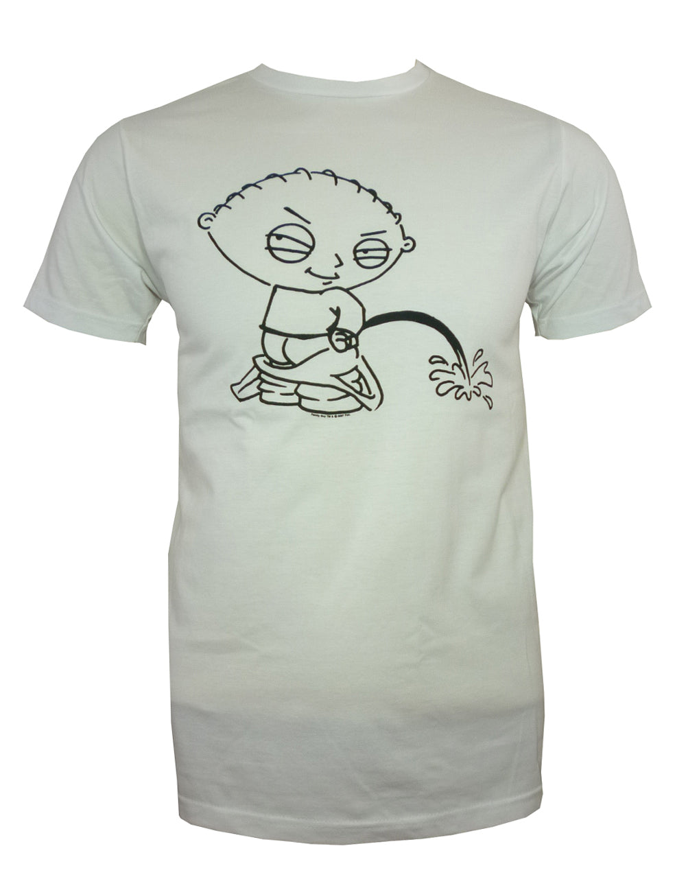 Family Guy Stewie pees graphic on a white adult t-shirt.