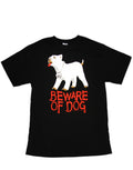 There's Something About Mary beware of dog graphic on a black adult t-shirt.