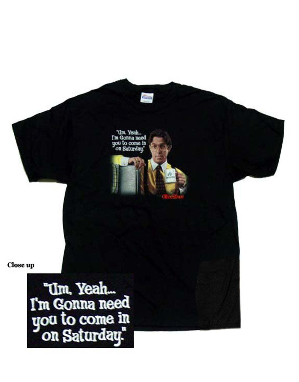 Office Space Saturday graphic on a black adult t-shirt.