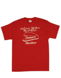 Office Space stapler graphic on a red adult t-shirt.