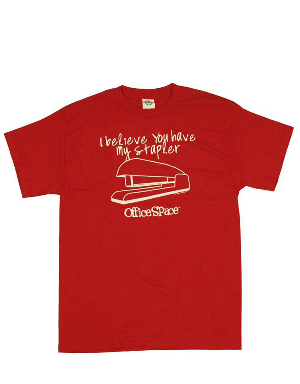 Office Space stapler graphic on a red adult t-shirt.