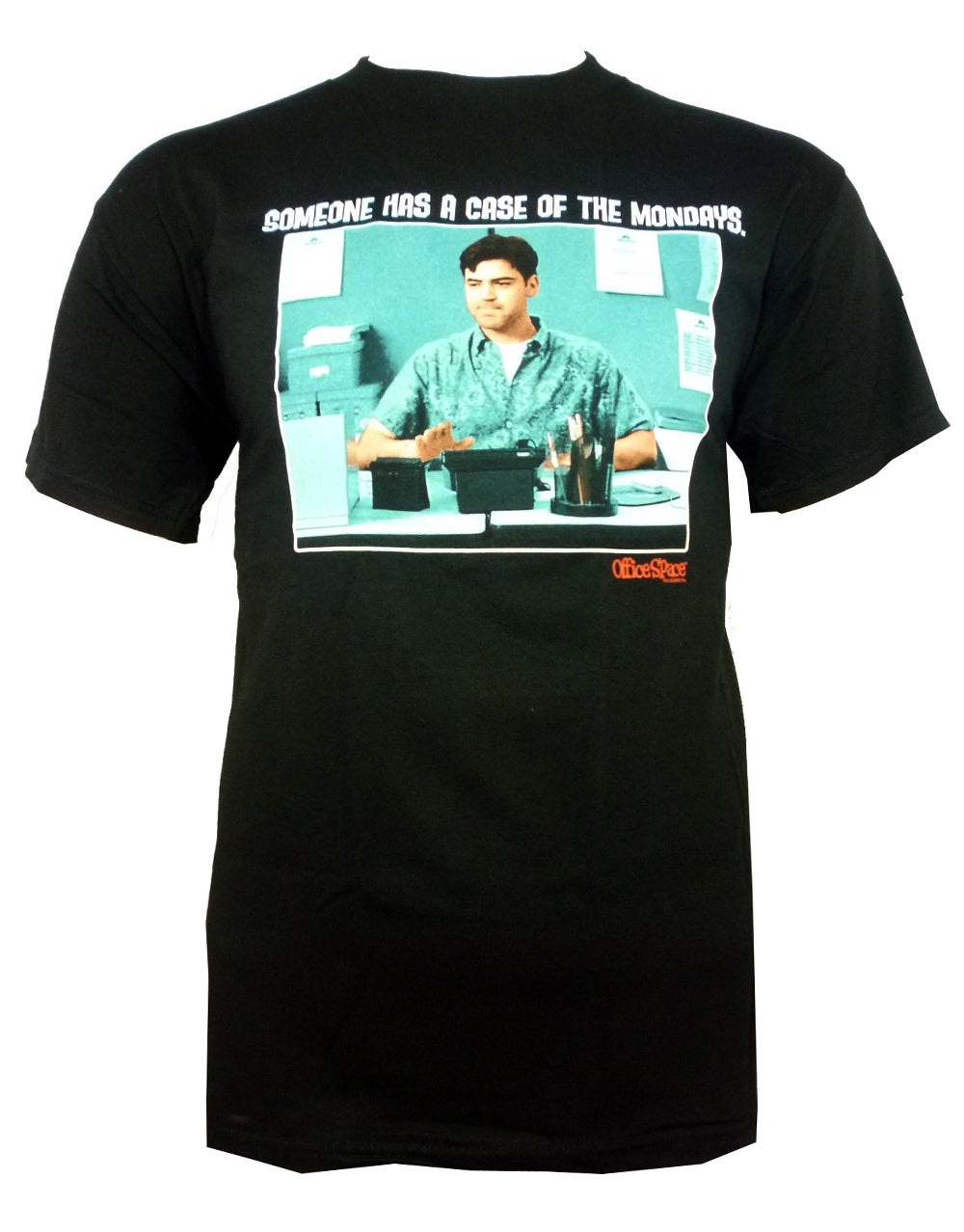 Office Space Mondays graphic on a black adult t-shirt.