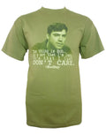 Office Space don't care graphic on a green adult t-shirt.
