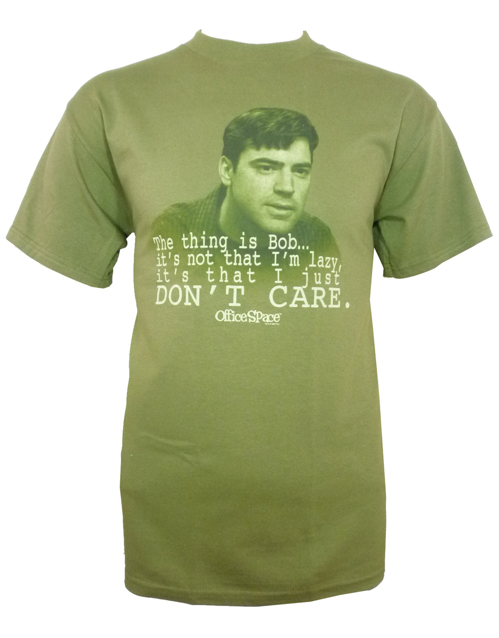 Office Space don't care graphic on a green adult t-shirt.