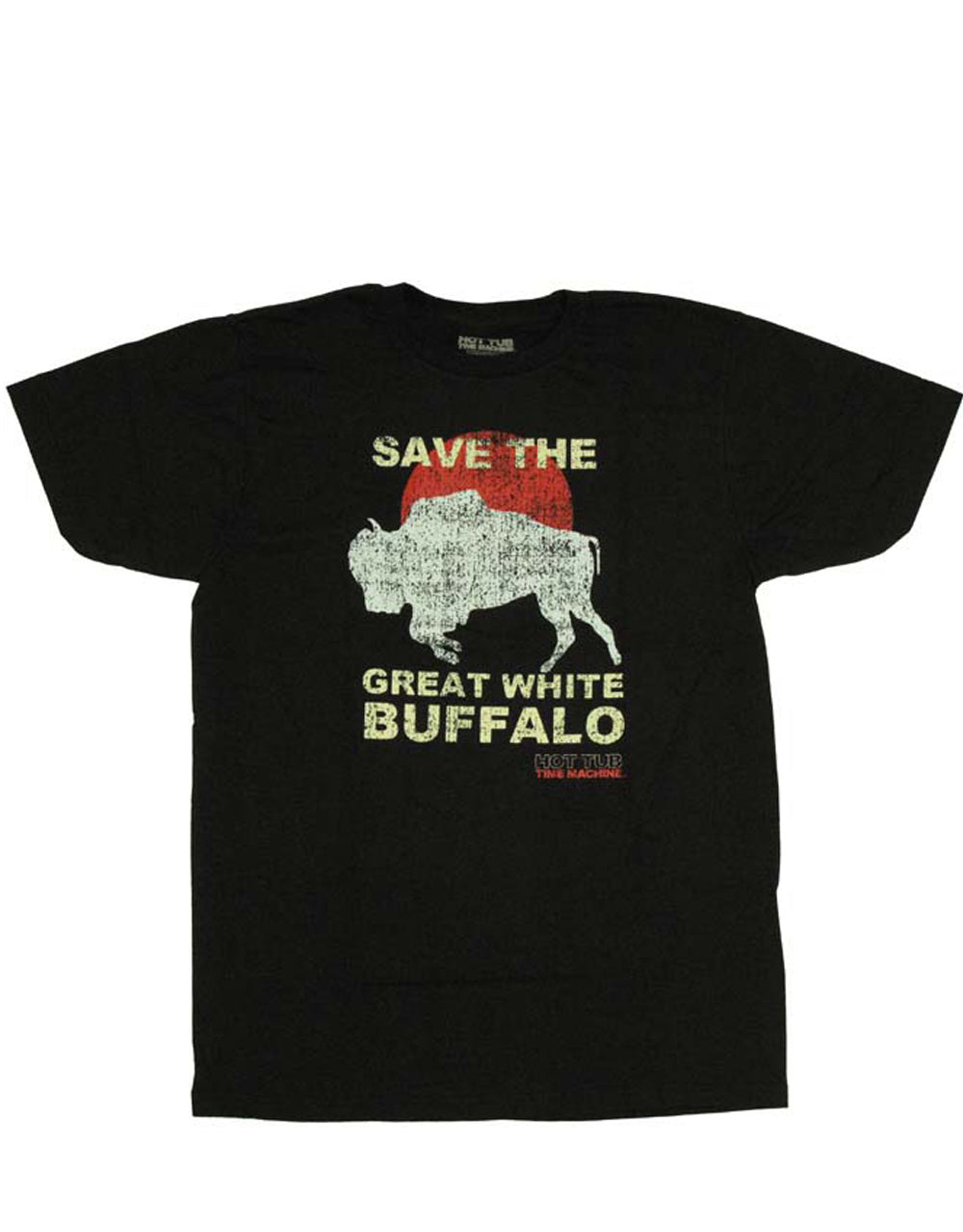 Hot Tub Time Machine save Buffalo graphic on a black adult t-shirt.