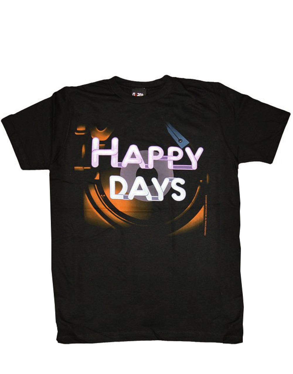Happy Days juke box logo graphic on a black adult t-shirt.