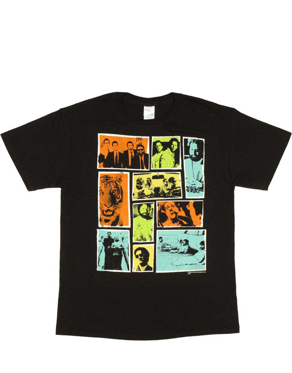 The Hangover scene graphic on a black adult t-shirt.